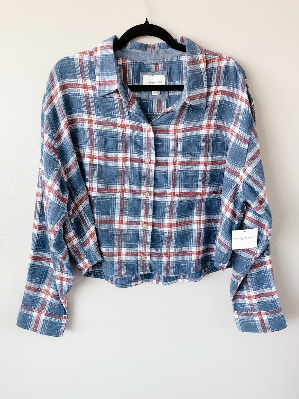 American Eaglen plaid button sown women’s  Shirt large blue and Red country